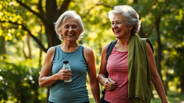 Two women walking in park, daily habits for longevity and happiness