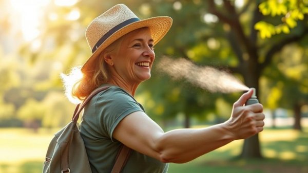 Woman using natural mosquito repellent in a sunny park