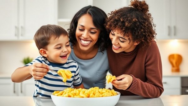 Mother and child enjoying healthy homemade mac and cheese.