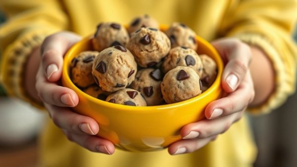 Healthy chocolate chip cookie dough bites in a yellow bowl