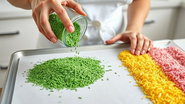 Person making homemade sprinkles on a tray with vibrant colors.