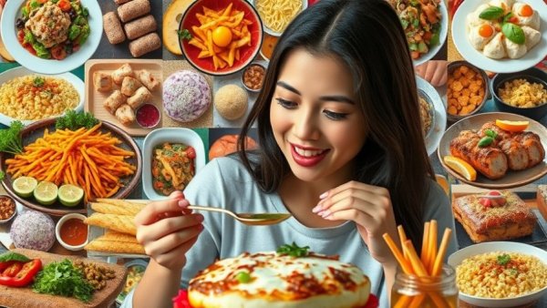 Young woman enjoying a colorful meal collage, vibrant and diverse.