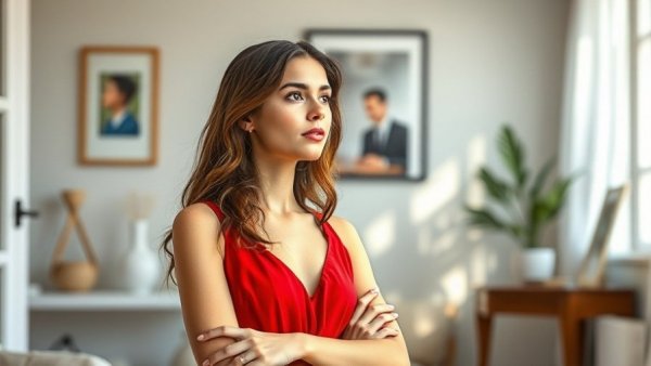 Young woman in red dress reflecting on challenges