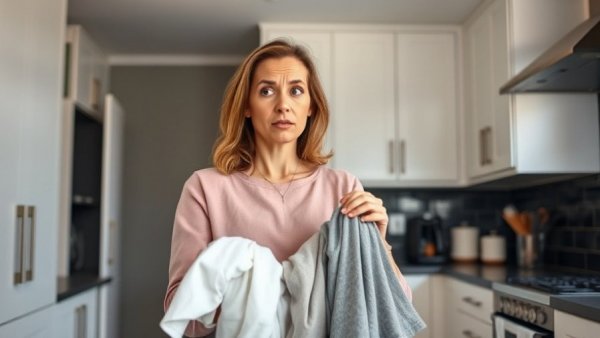 Woman puzzled in kitchen holding laundry, Quick Healthy Cooking Tips
