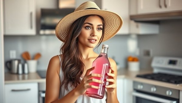 Woman explaining DIY electrolyte drink in kitchen