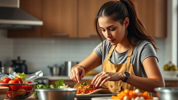 Young woman assembling healthy weeknight dinner tacos in modern kitchen.