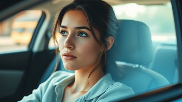 Contemplative young woman in car, highlighting the toxic trait of busyness.