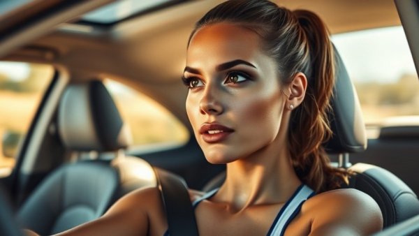 Mom's toxic trait healthy eating theme with focused woman in car