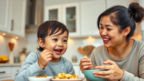 Cooking challenge series with healthy recipes, mother and child in kitchen.