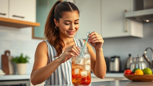 Woman preparing healthy cranberry electrolyte drink in modern kitchen.