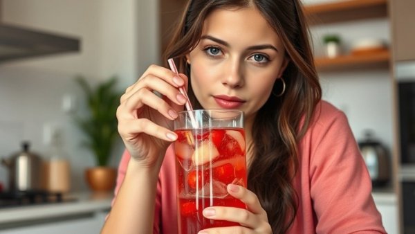 Young woman stirring homemade healthy cranberry electrolyte drink
