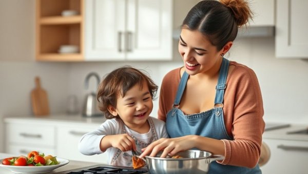 Mother and child enjoy cooking in modern kitchen for Weekly Healthy Recipe Challenge.