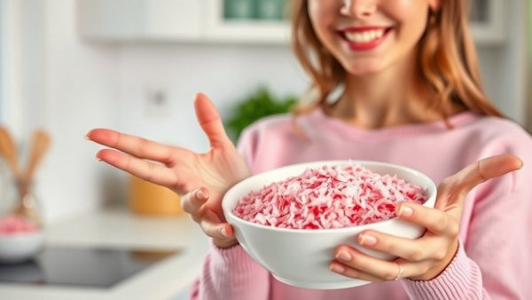 Close-up of bowl with pink coconut sprinkles, young woman explaining recipe.