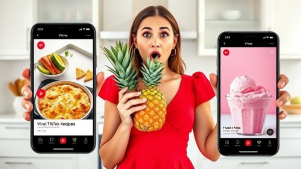 Surprised woman with viral TikTok recipes on screen