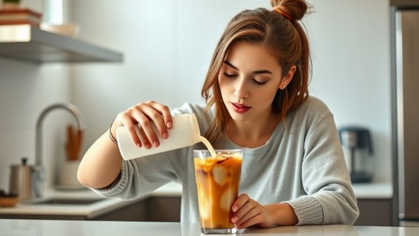Woman in red top pouring milk into iced coffee, promoting healthy eating for busy moms.