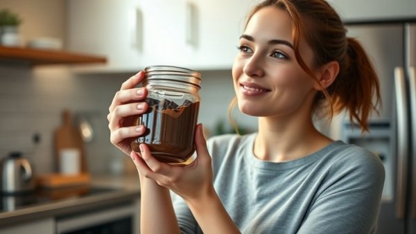 Young woman enjoying leftover chocolate hack in kitchen