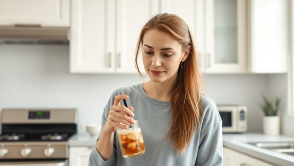 Woman considering giving up coffee for health benefits in a modern kitchen.