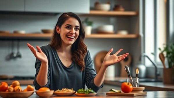 Woman in a kitchen with Trader Joe's dumpling casserole ingredients, discussing health benefits.