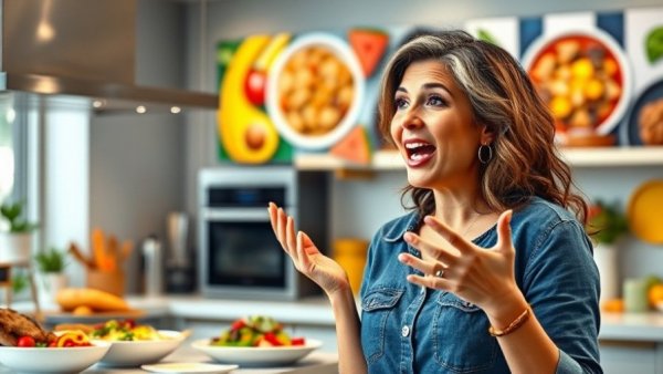 Woman discussing natural colors in kids' meals in kitchen.