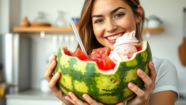 Young woman with watermelon ice cream bowl, vibrant background
