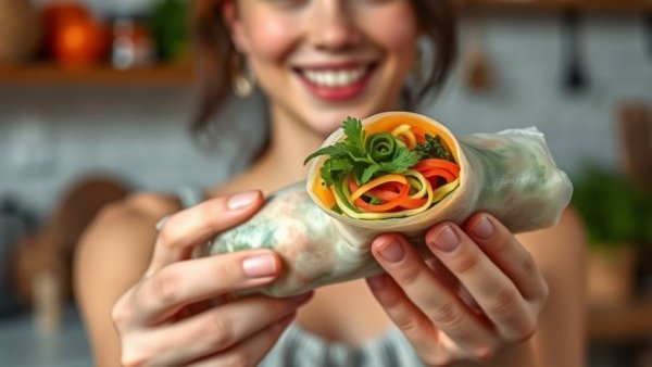 Weekly Healthy Recipe Challenge: Colorful spring rolls presented by a woman.