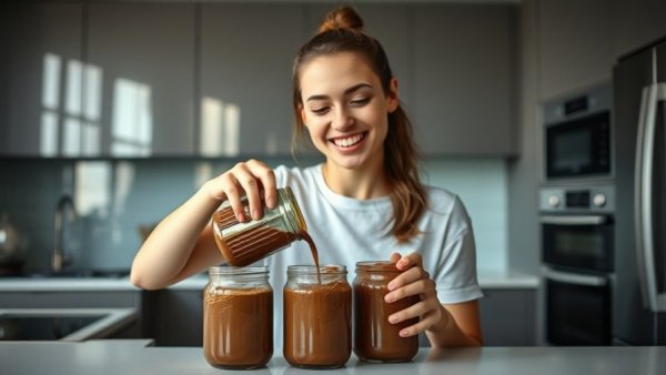 Woman making healthy chocolate pudding in modern kitchen