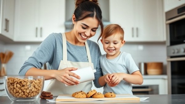 Mother and child making healthy oat chocolate chip cookies together