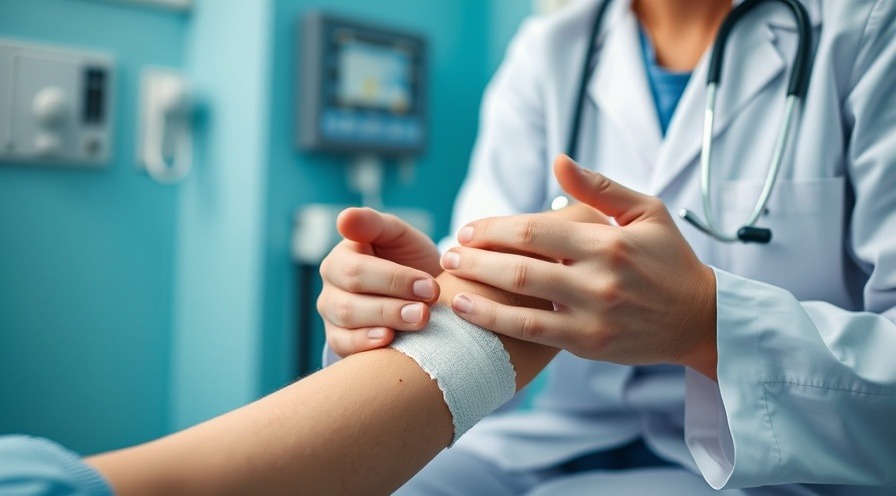 Doctor examining a bandaged leg, highlighting nutrition and wound healing in a calming hospital room.