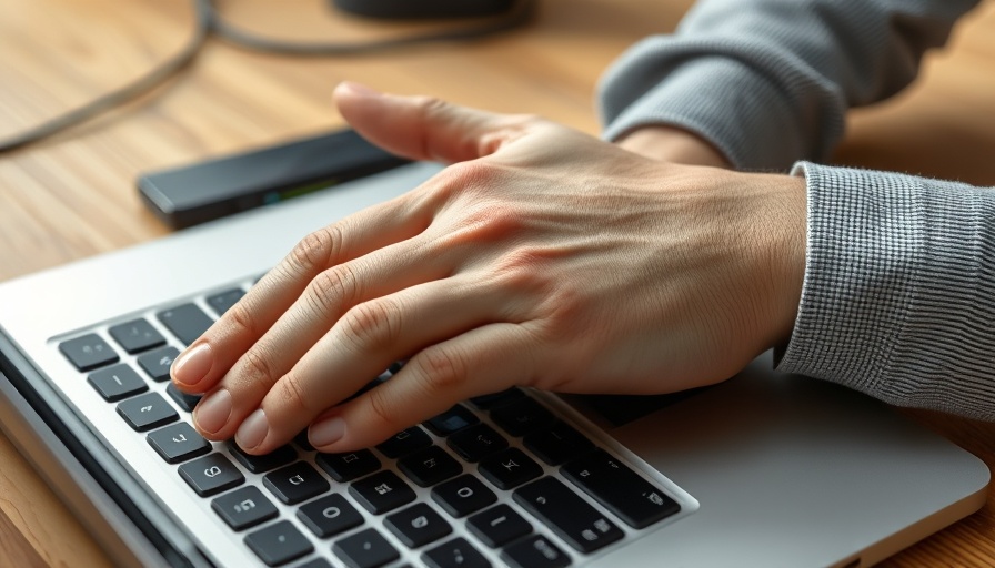 Hands showing discomfort over laptop, related to hemorrhagic stroke symptoms.