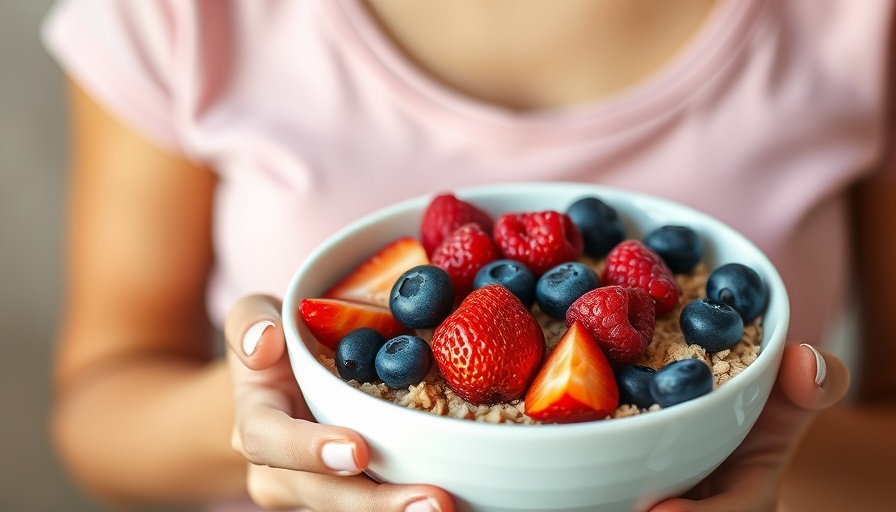 Woman holding a bowl of cereal with berries, focusing on healthy eating.