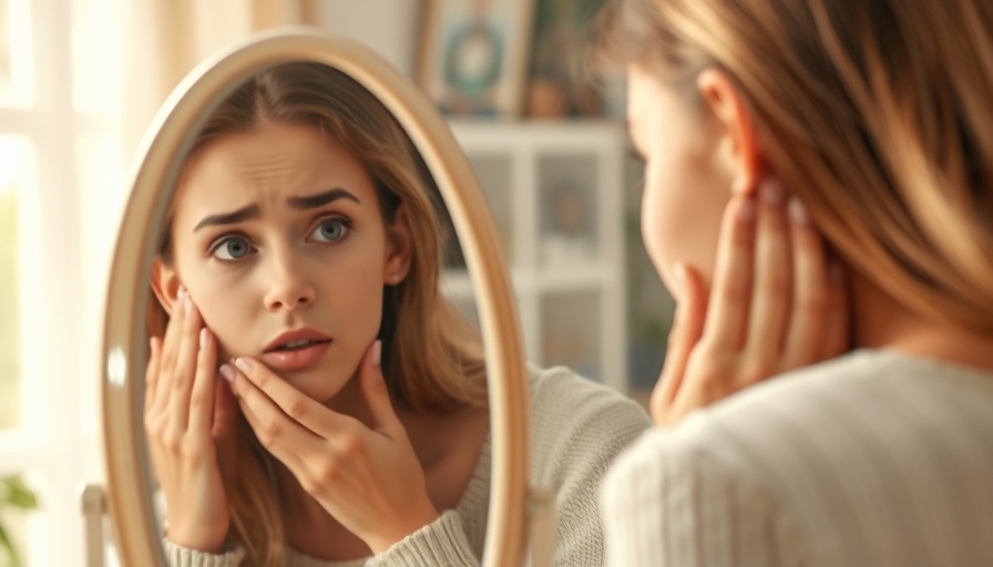 Young woman examining acne with concern, indoor setting