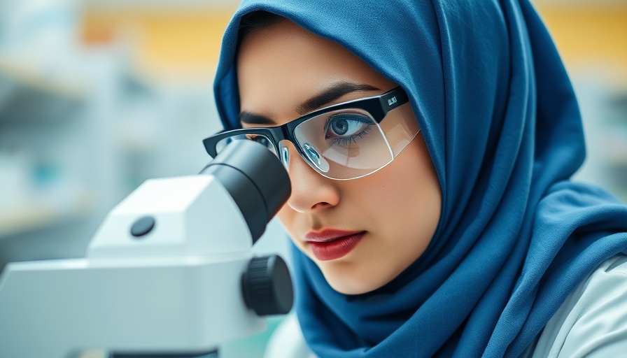 Female scientist in lab with blue hijab using microscope.