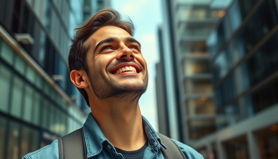 Smiling man outdoors in urban cityscape, vivid colors.