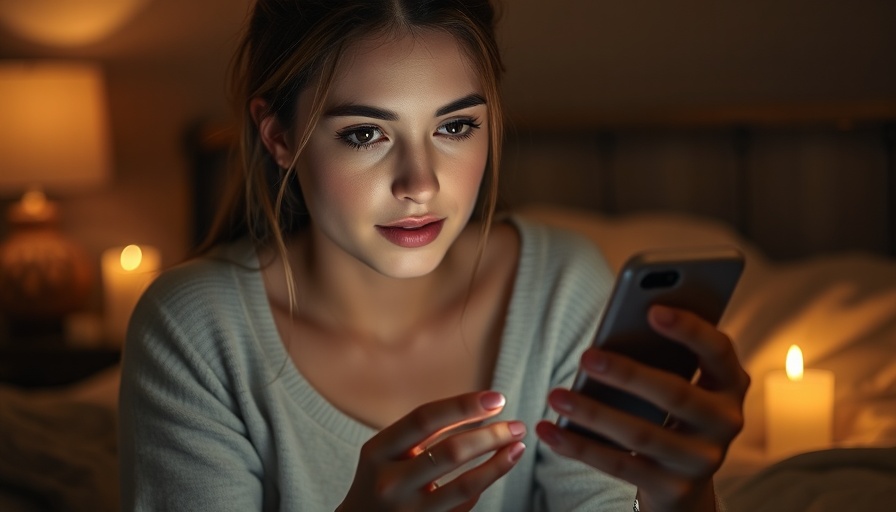 Young woman using smartphone in a cozy dimly lit room.