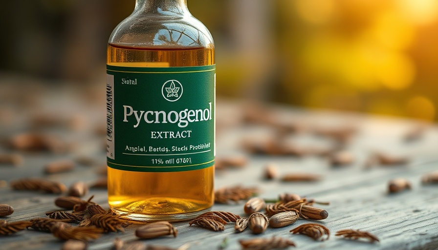 Pycnogenol extract bottle on wooden table with pine needles.