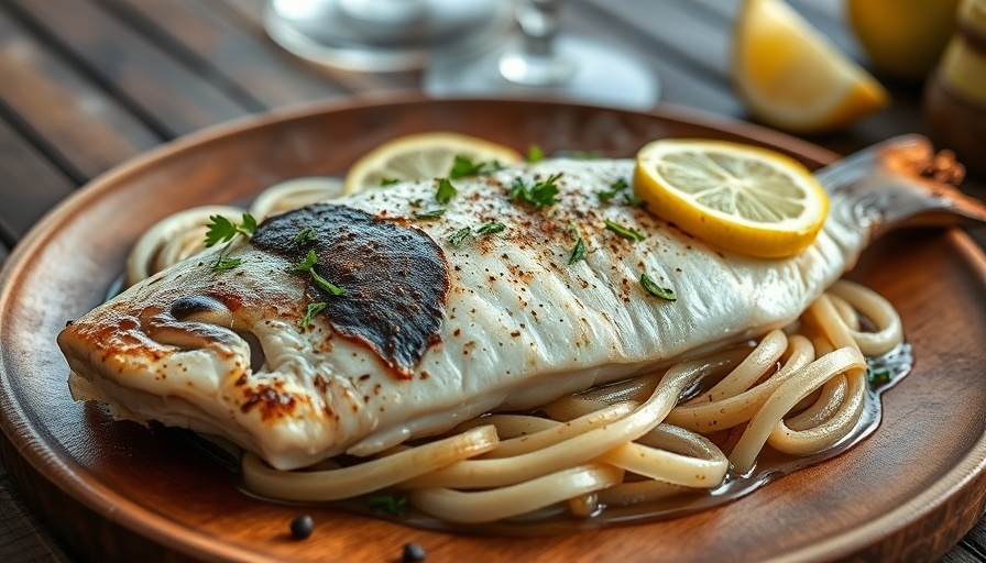 Delicious halibut recipe with lemon and herbs on rustic table.