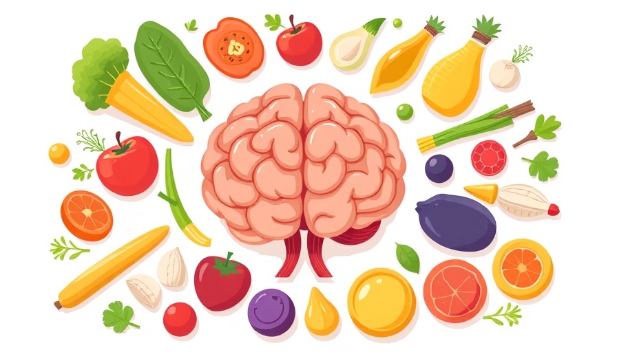 Nutrition guide illustration with brain and healthy foods for mental health.