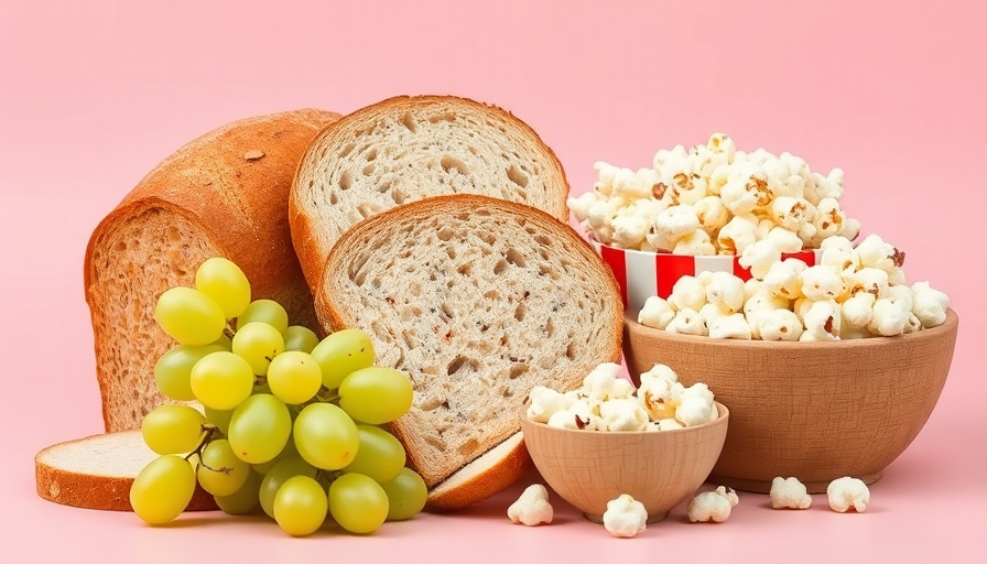 Assorted healthy foods: bread, grapes, popcorn highlighting health benefits.