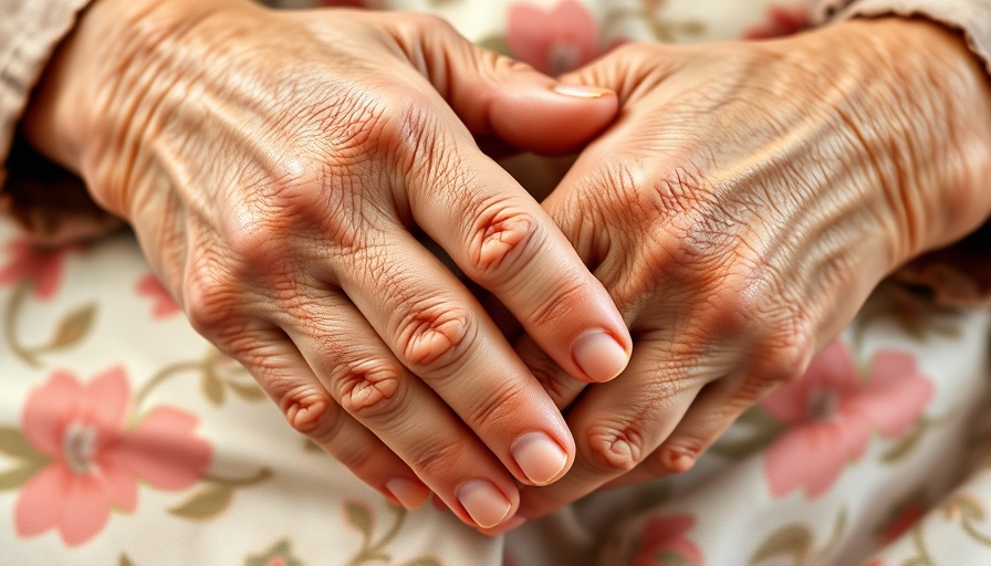 Elderly hands resting gently, highlighting hand stiffness.