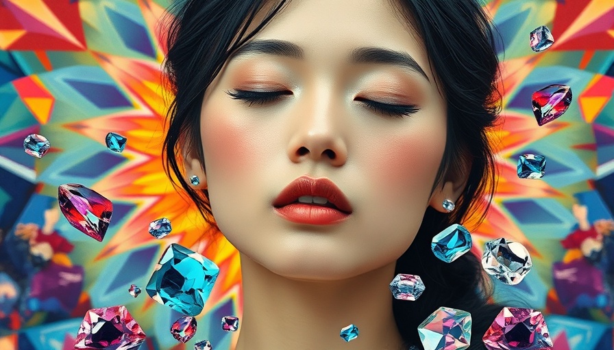 Vibrant collage of serene woman with gemstones, abstract background.