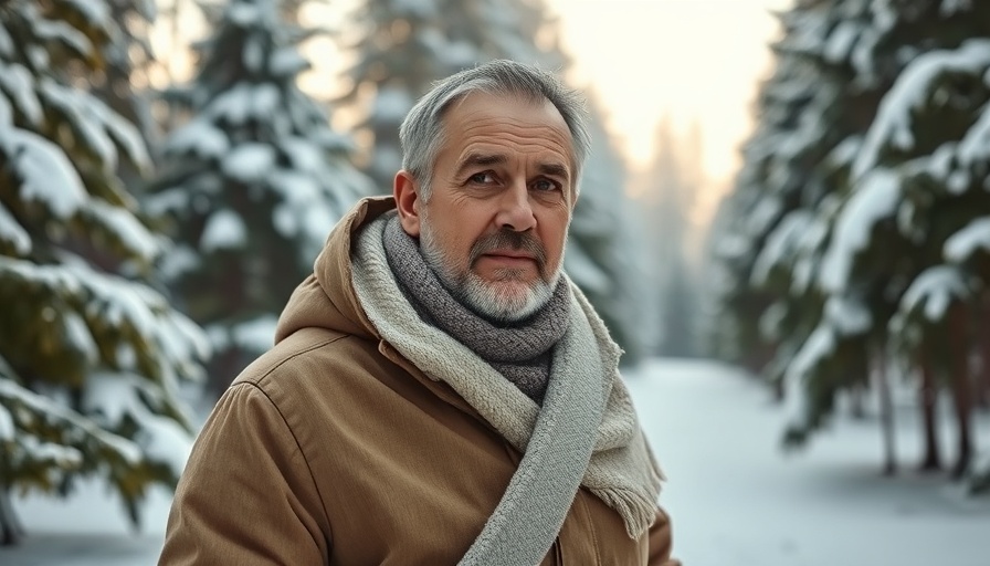 Middle-aged man in winter clothing standing in snowy forest.