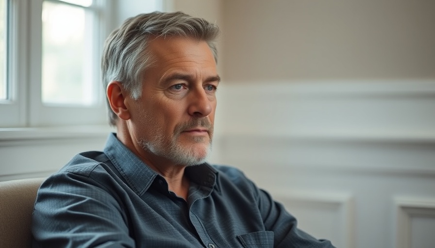 Middle-aged man sitting thoughtfully in softly lit room.