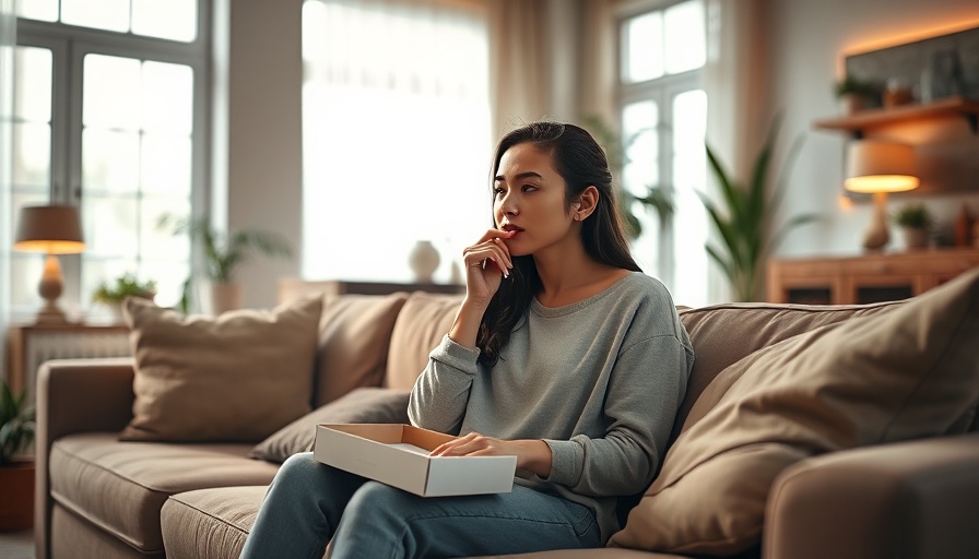 Young woman at home with tissues, cozy living room scene.