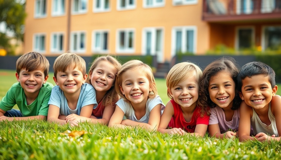 Children enjoying green spaces, smiling on grass