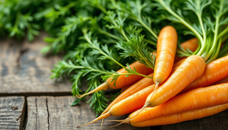 Fresh carrots on rustic wood surface; Carrots and Diabetes theme.