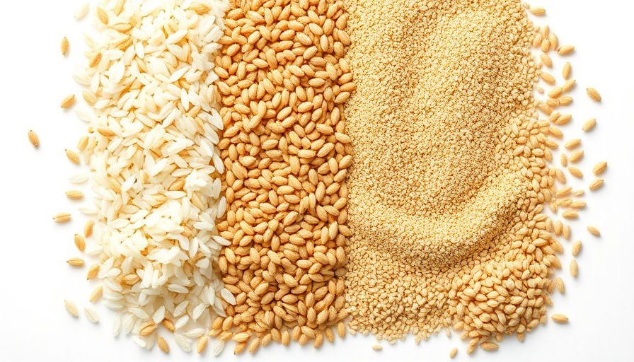 Diabetes-friendly grains lined up on a white surface.