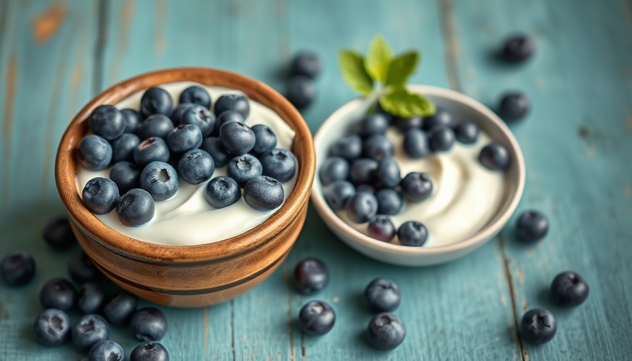 Fresh blueberries and yogurt on teal wooden table.