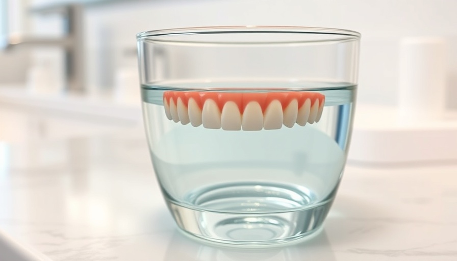 New dentures soaking in water on a bathroom counter