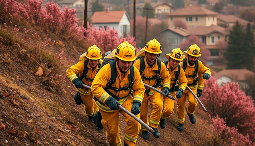 Firefighters climbing a hill during LA wildfires, showcasing teamwork.