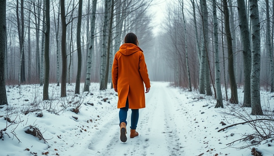 Person walking in snowy forest, evoking peaceful nature sounds.